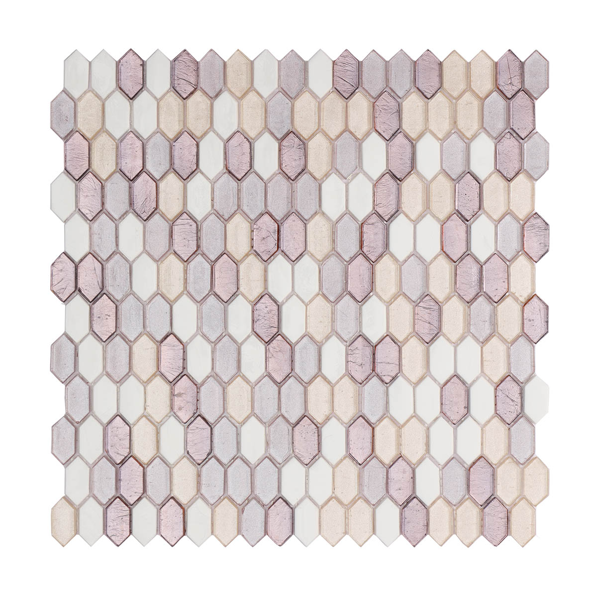 Obverse side of light purple and white picket glass mosaic tiles