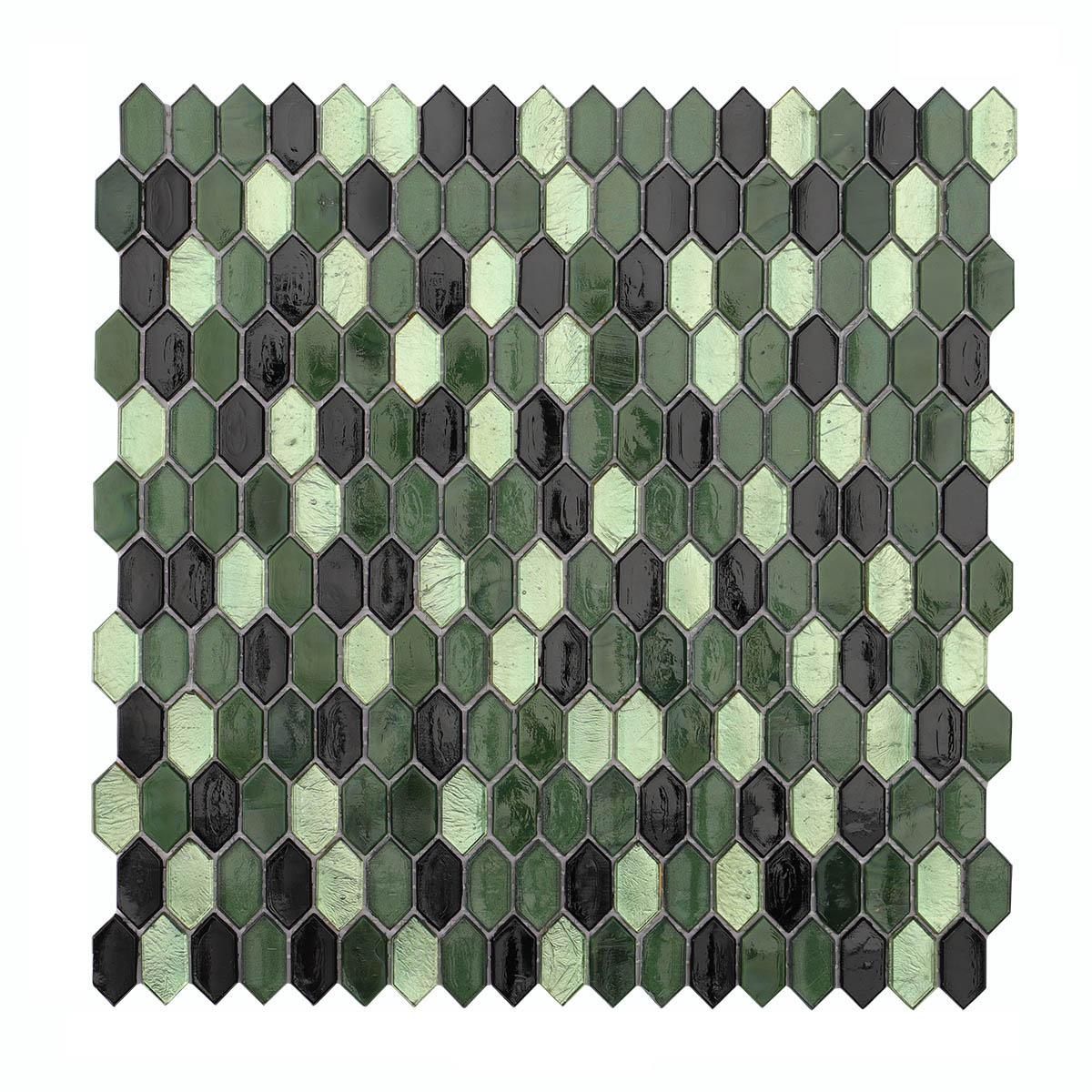 Obverse side of mini picket green and black glossy glass mosaic tiles