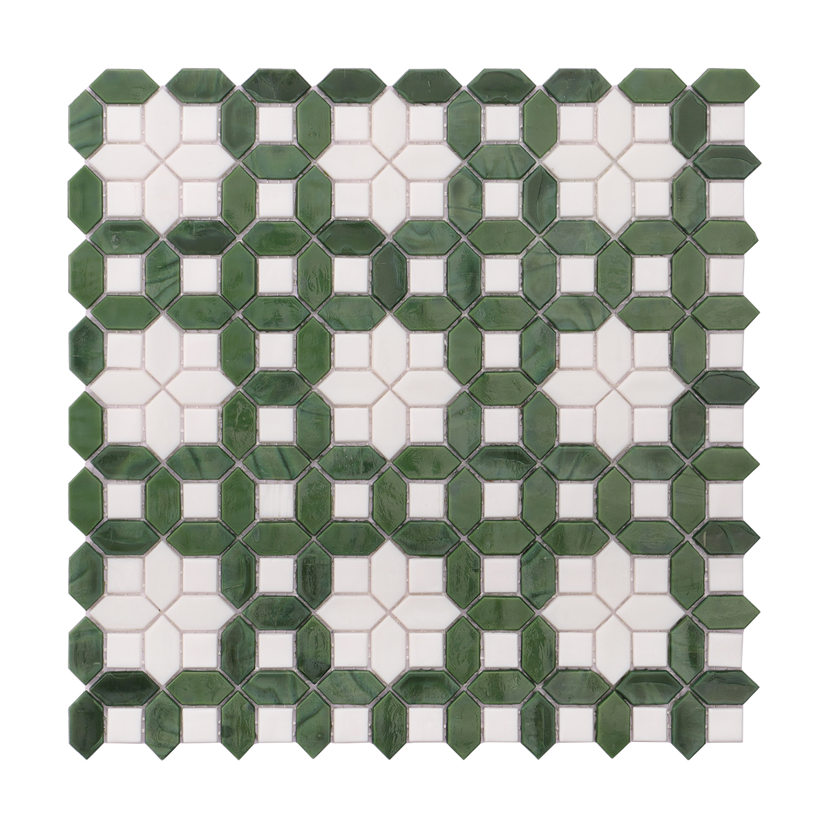 Obverse side of white and green picket glass mosaic tile