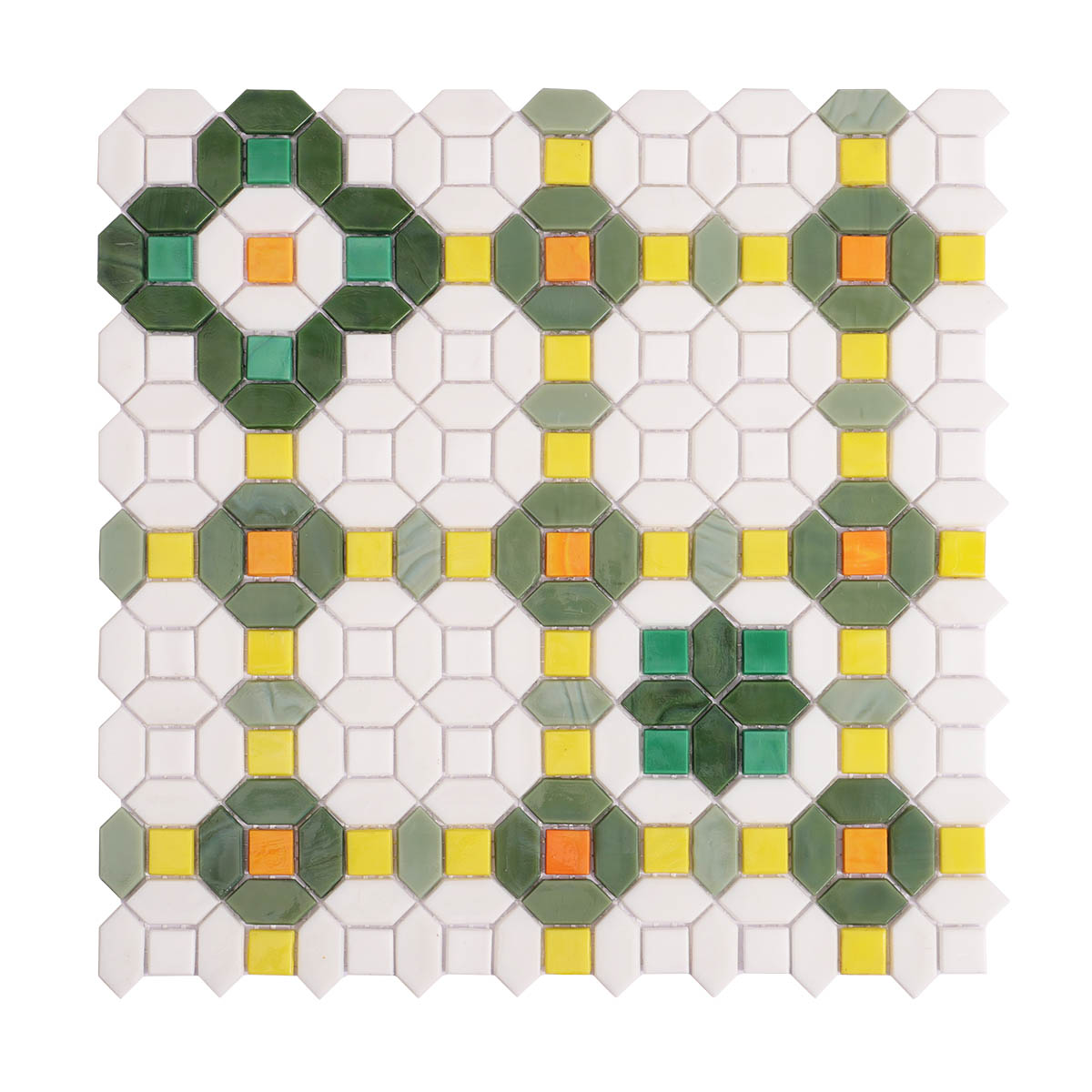 Obverse side of green and white floral glass mosaic tiles