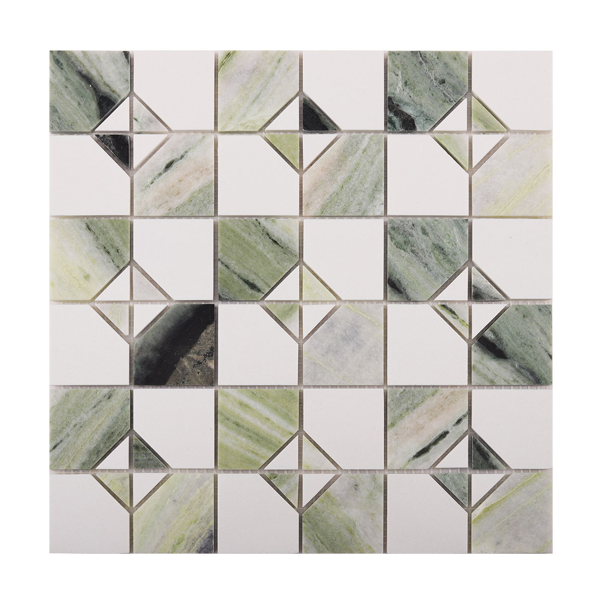 Obverse side of Ming Green & White Marble Honed Mosaic Tiles