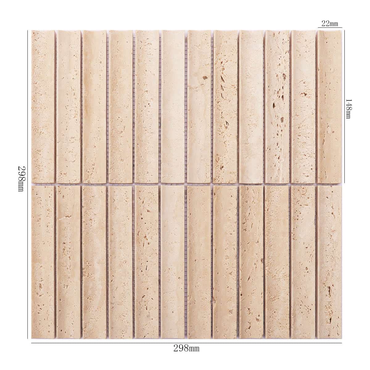 Full sheet of beige travertine mosaic tile with measurements
