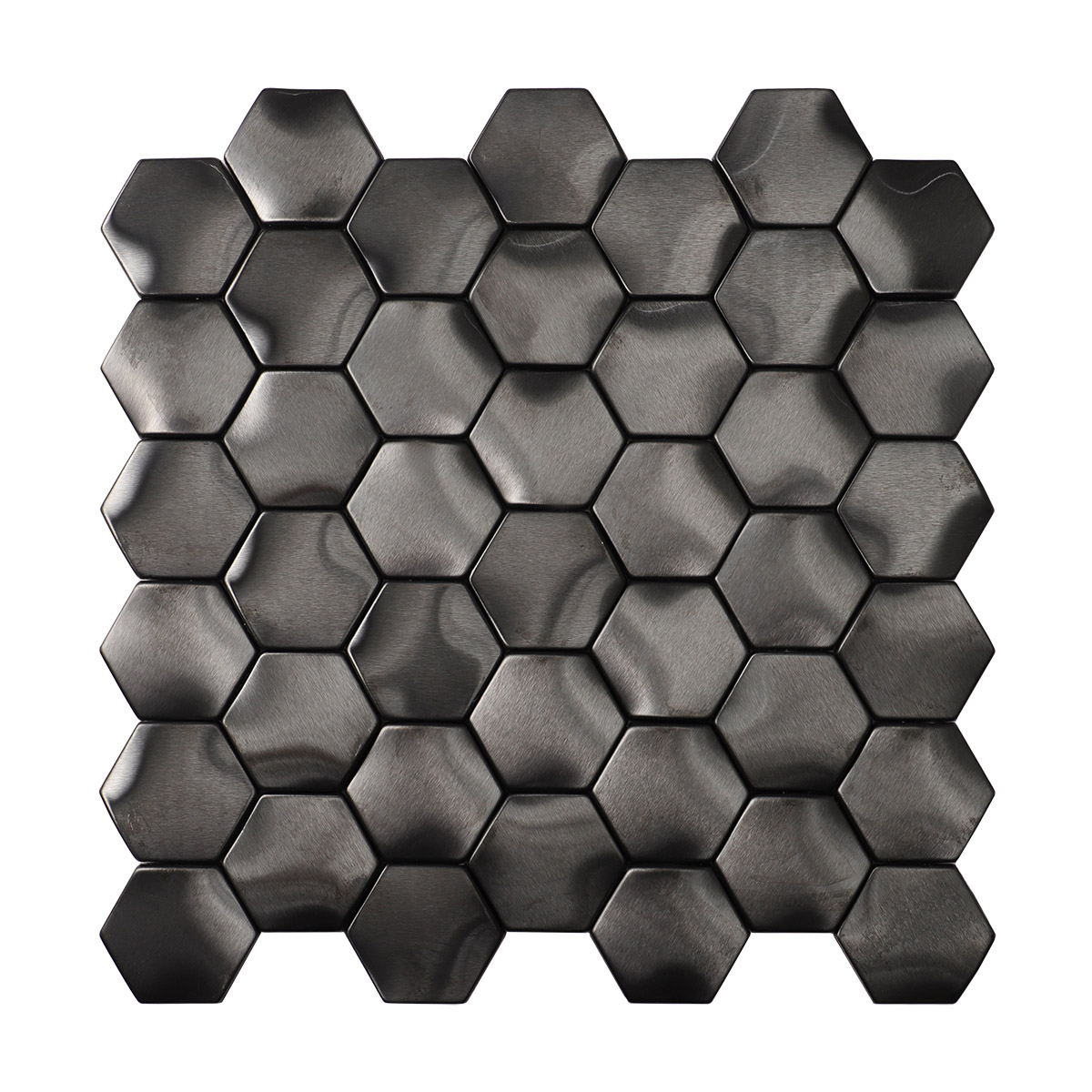 Obverse side of wavy 3D metal black brushed stainless steel hexagon mosaic tiles. 