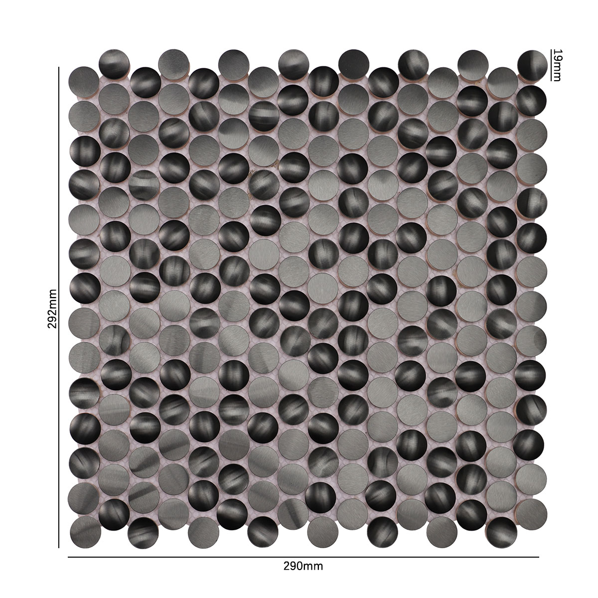 Size view of obverse side of 3D black penny round metal mosaic tiles.