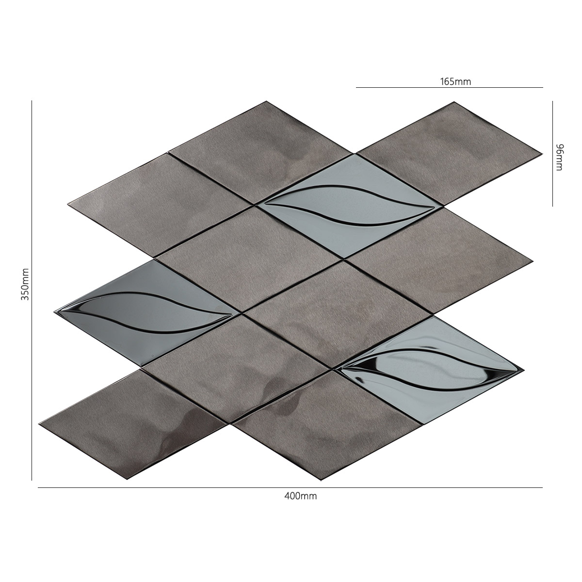 Size view of obverse side of black metal stainless steel diamond mosaic tiles.