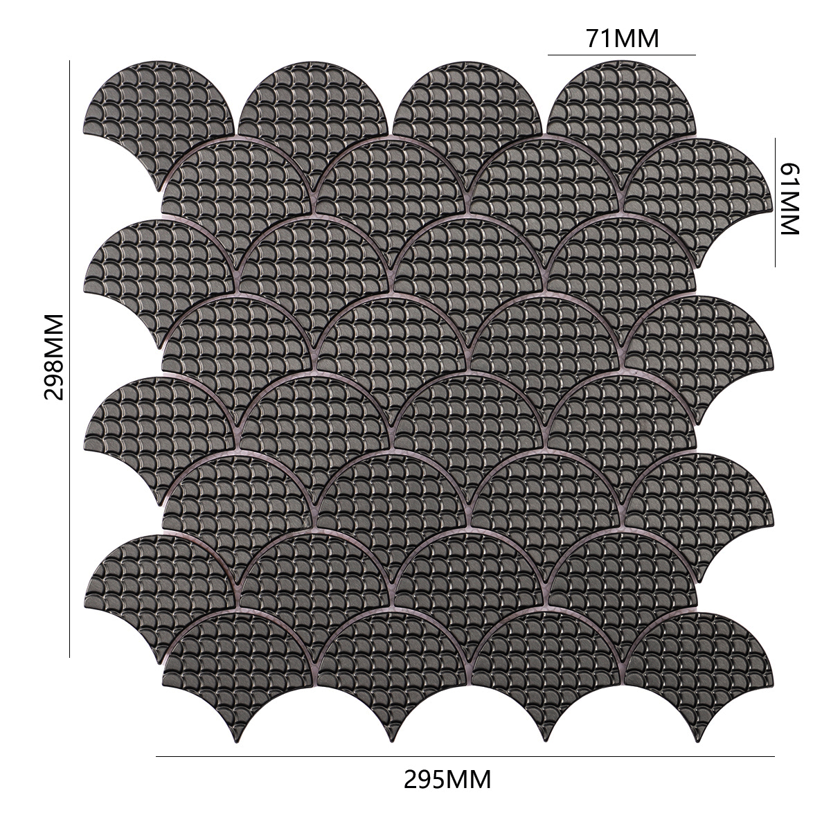Obverse side of black metal fish scale pattern mosaic tiles, showing size