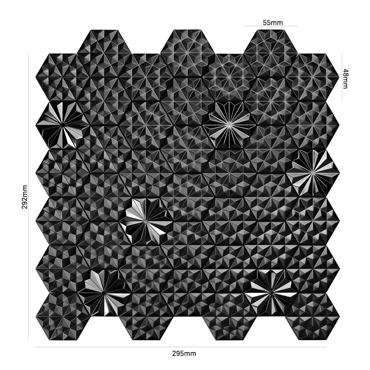 Obverse side of black metal 3D groutless hexagon mosaic tile , showing size.