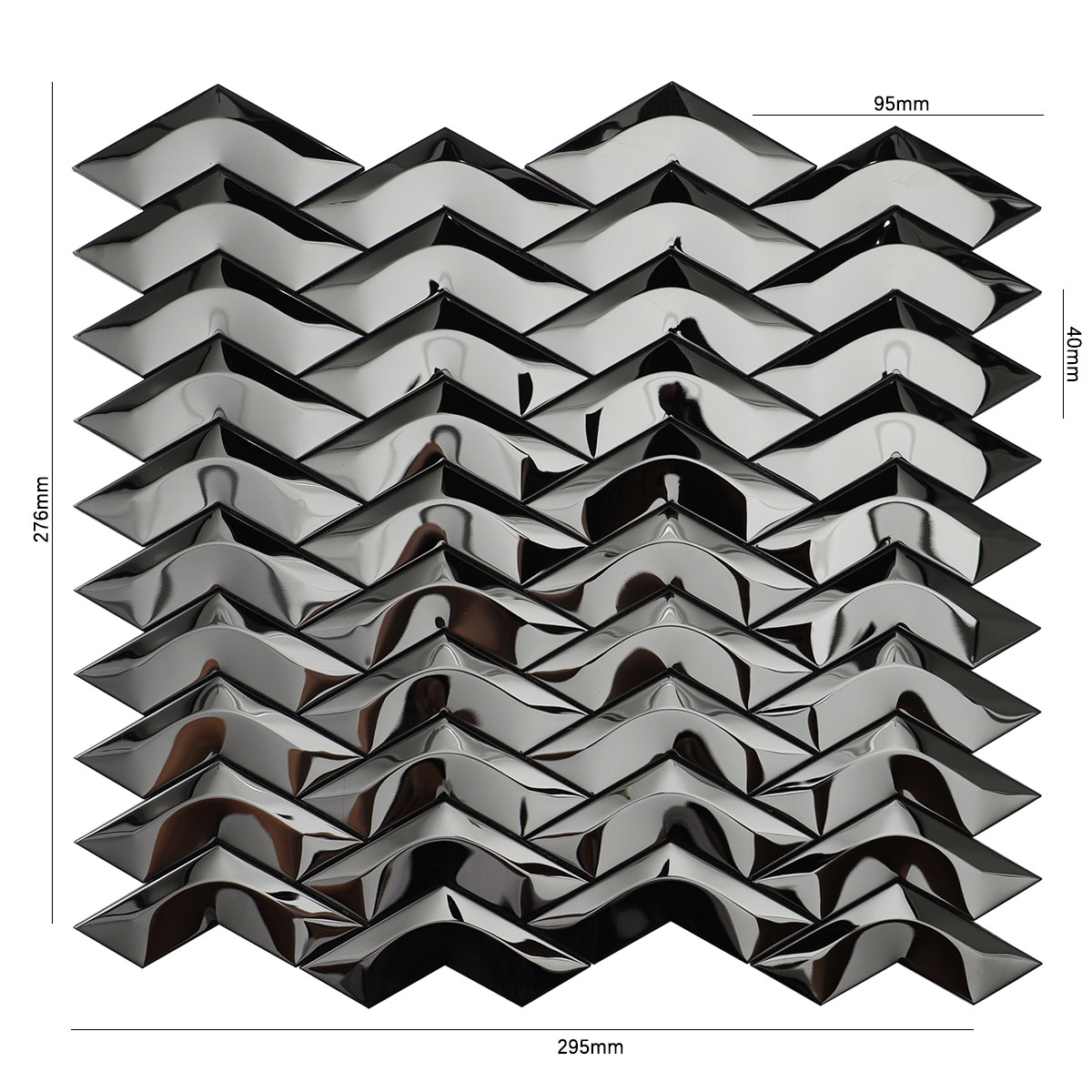 Obverse side of black stainless steel chevron 3D mirror mosaic tiles, showing size.