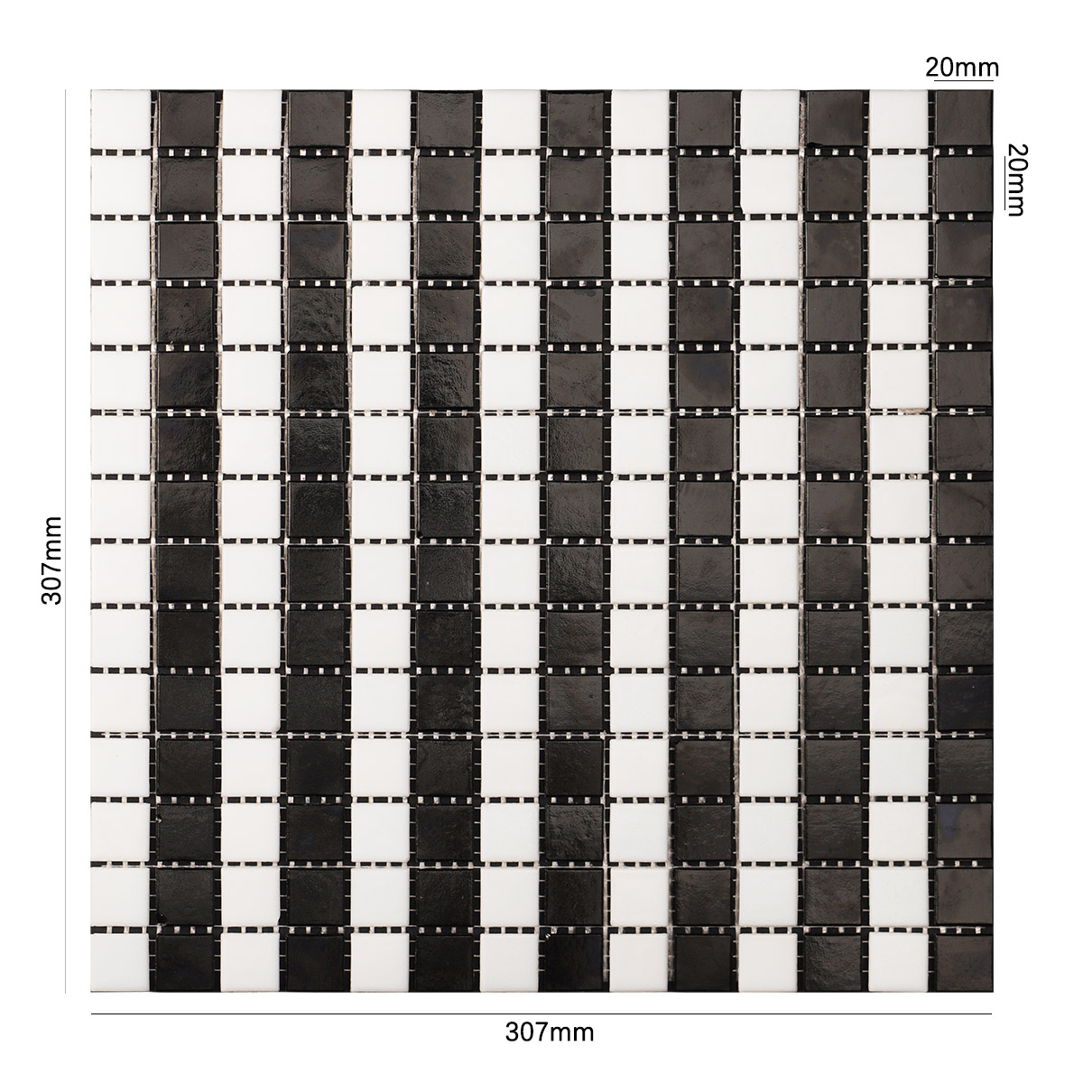 Obverse side of black and white stripe vintage glass mosaic tiles, showing size.