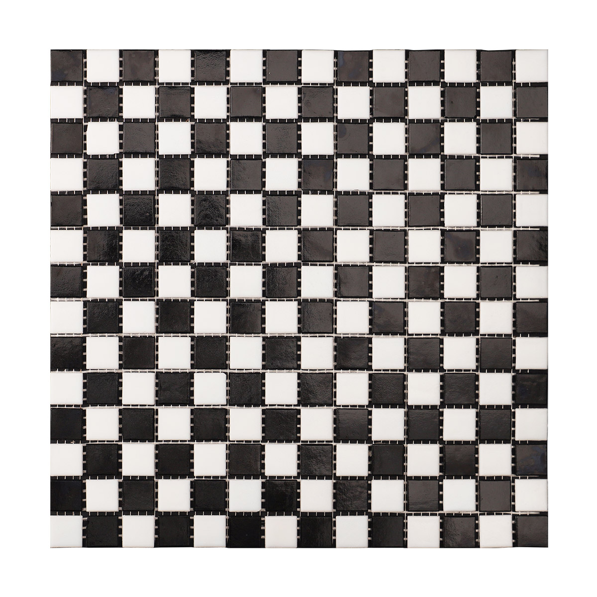 Front view of black and white vintage checkerboard mosaic tiles.