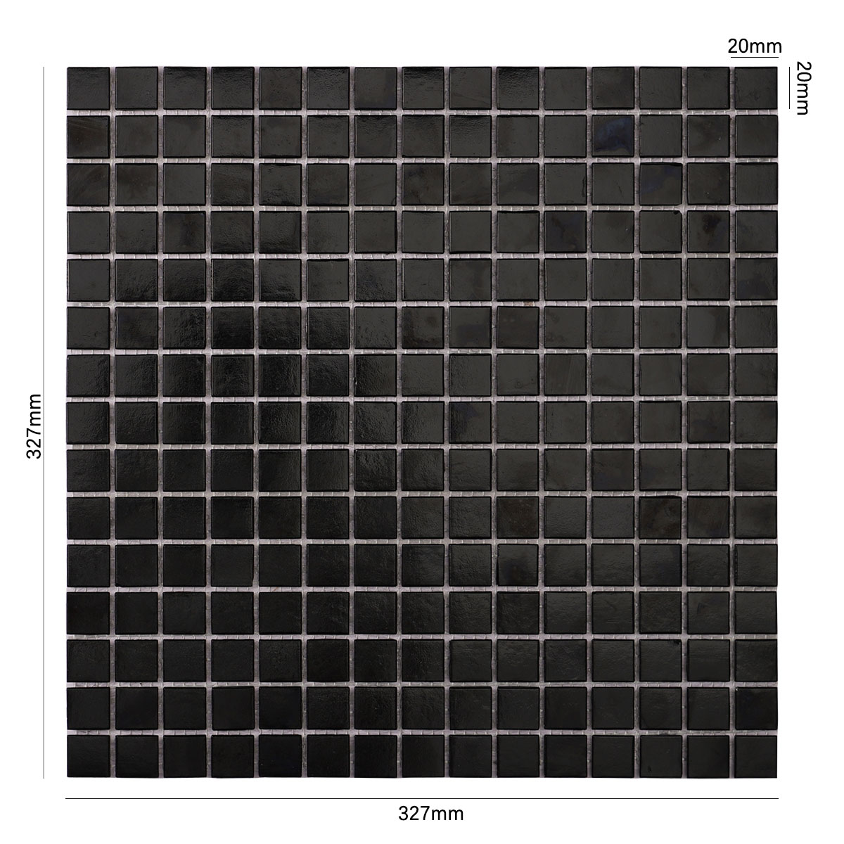 Size view of obverse side of black fired earth glass square mosaic tiles 20mm x 20mm.