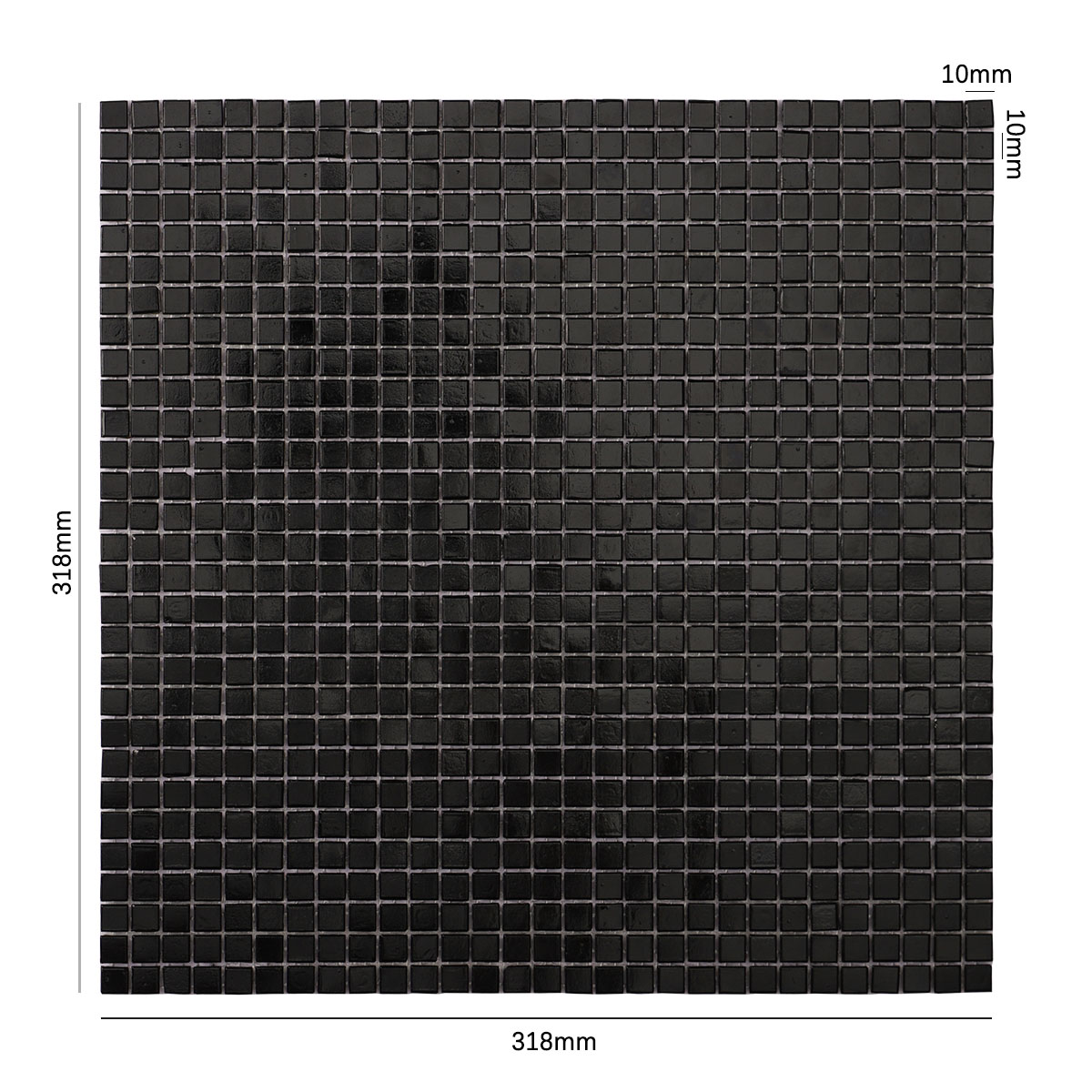 Size view of obverse side of black square glass tiny mosaic tiles 10mm x 10mm.