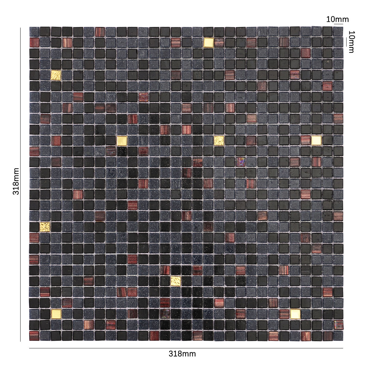 Size view of obverse side of black mixed glass micro mosaic tiles with gold.