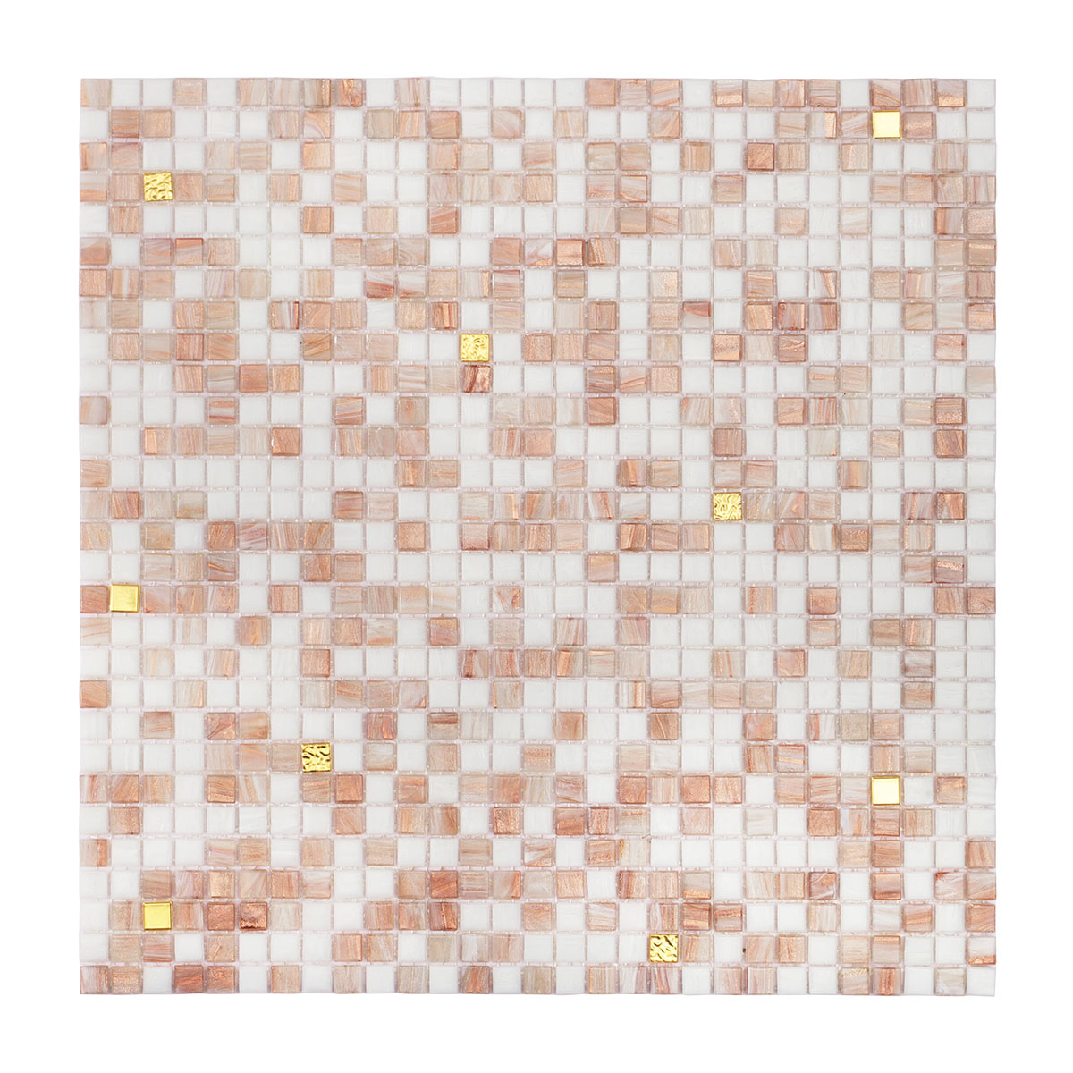 Front view of white and beige tiny glass mosaic tiles with 24K gold.