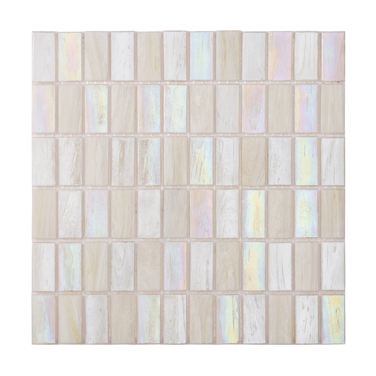 Obverse side of rectangle beige multicolor iridescent glass mosaic tiles