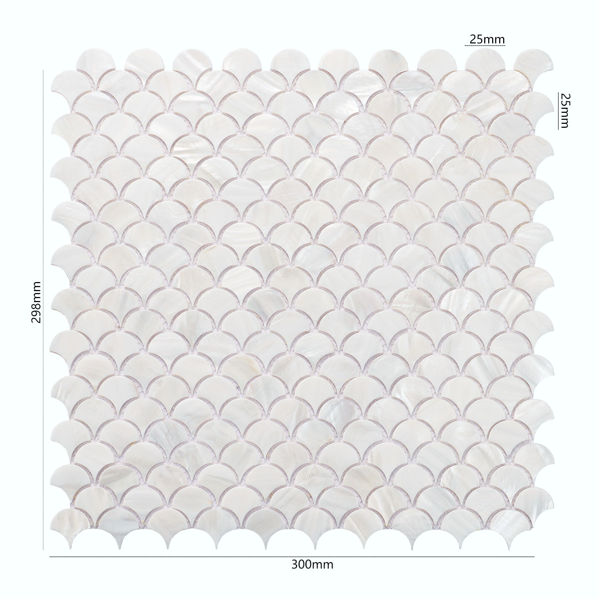 A full sheet of fish scale-shaped mother-of-pearl mosaic tiles Size details visible.