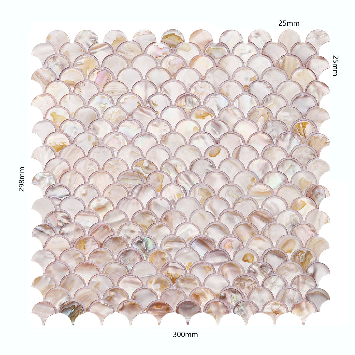 heet of fish scale mother of pearl tiles, obverse side with size