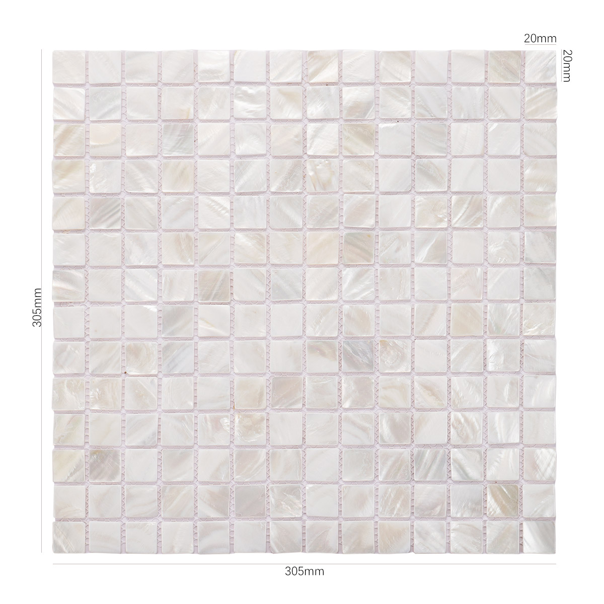 Sheet of white mother of pearl square tiles, obverse side with flash.