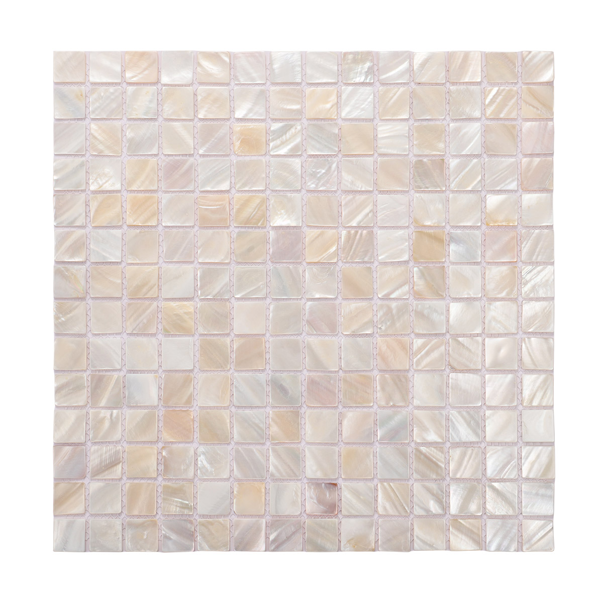 Beige mother of pearl square mosaic tile, iridescent, sheet showing front side