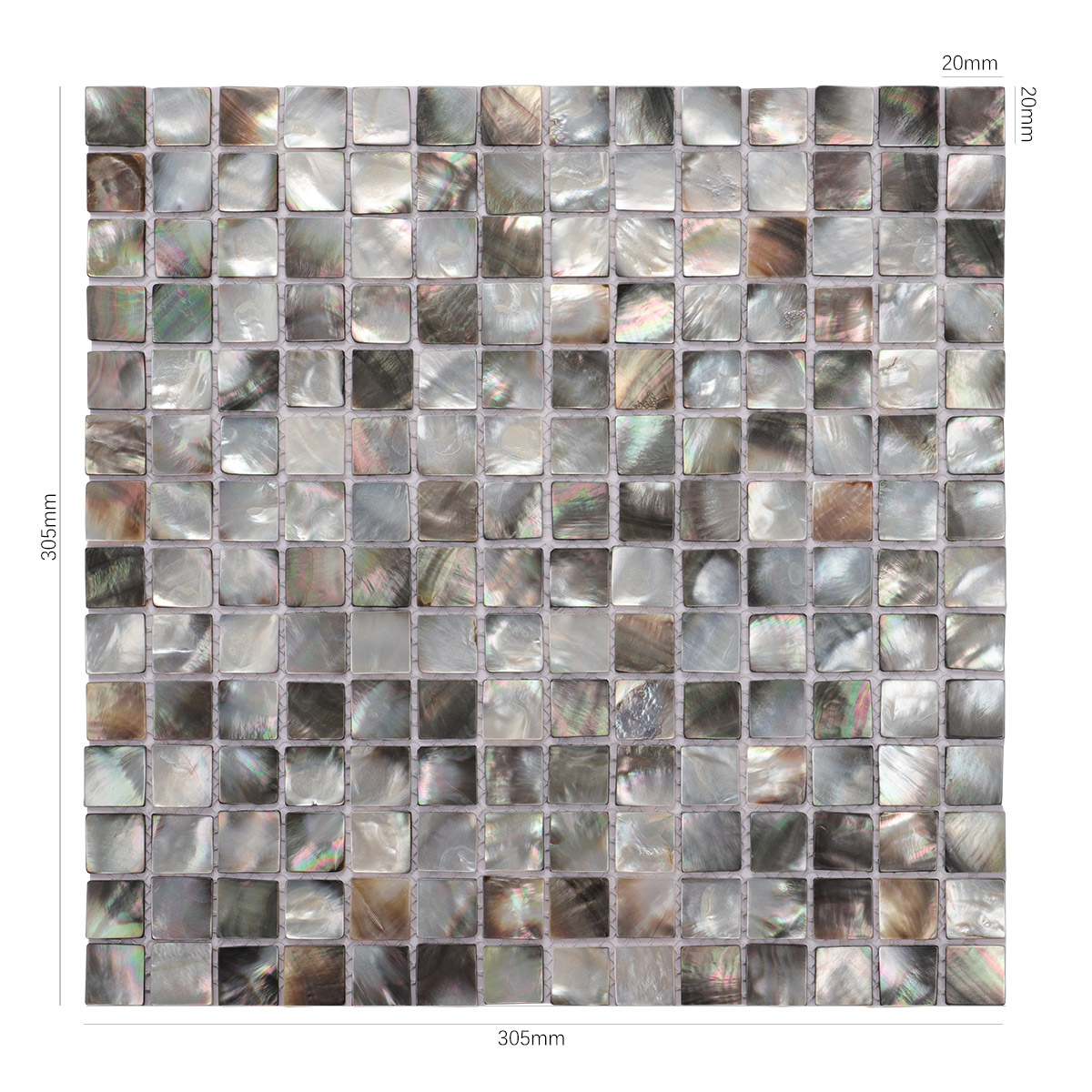 Sheet of deep sea black seashell square pattern mosaic tiles, with size details