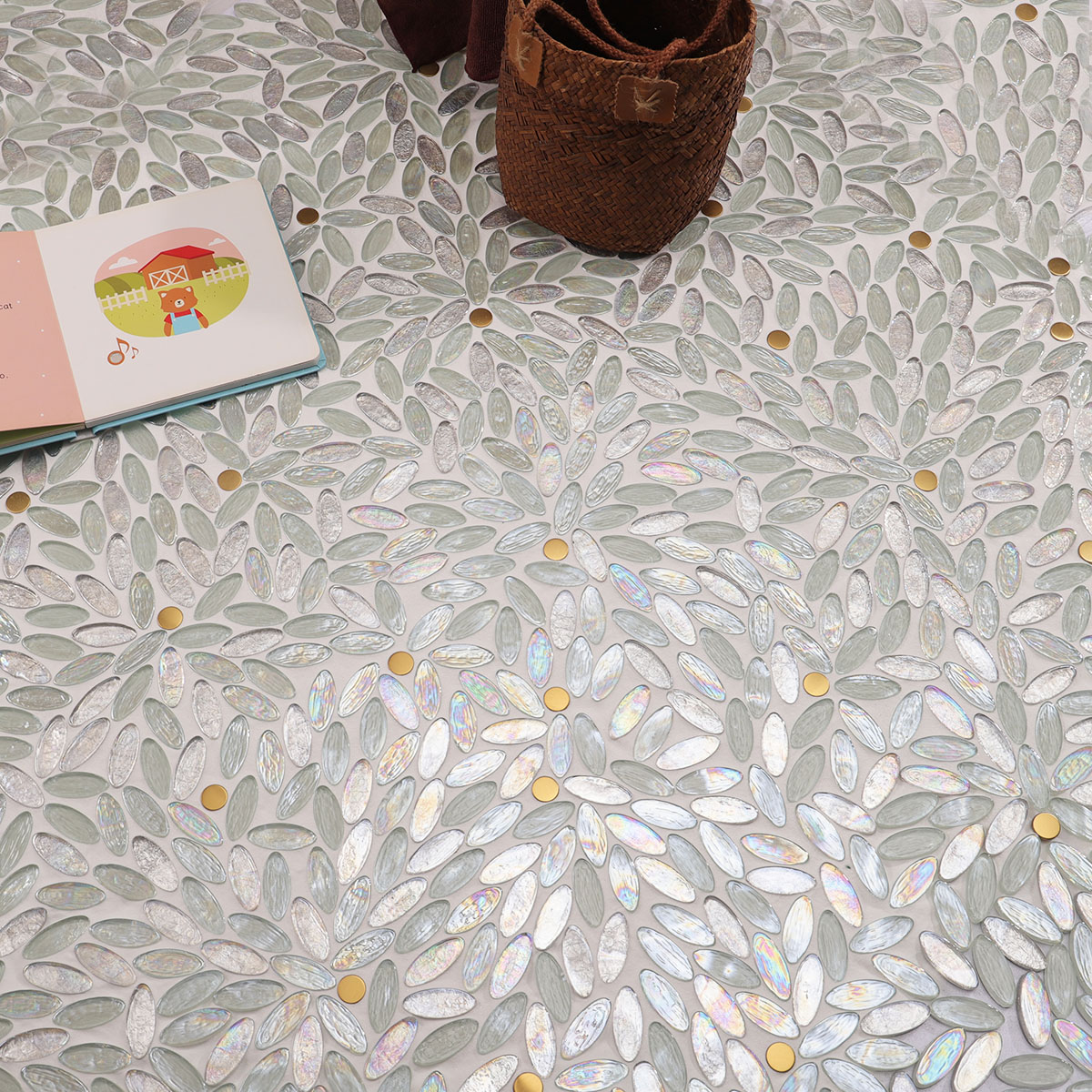 Iridescent White Oval Glass Mosaic mixed Gold Metal  Accents