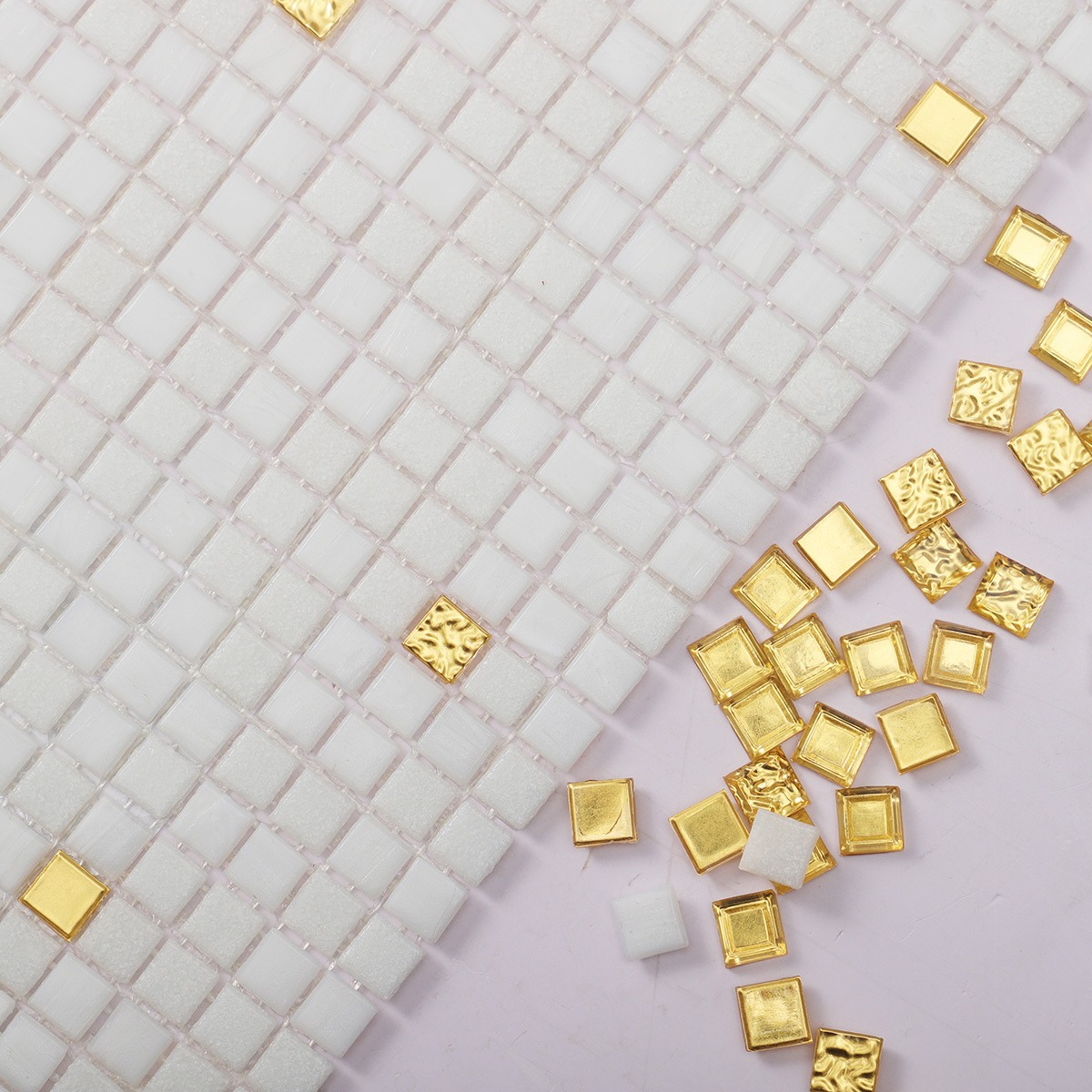 Pure White and Gold Square Glass Mosaic Tiles 10x10mm