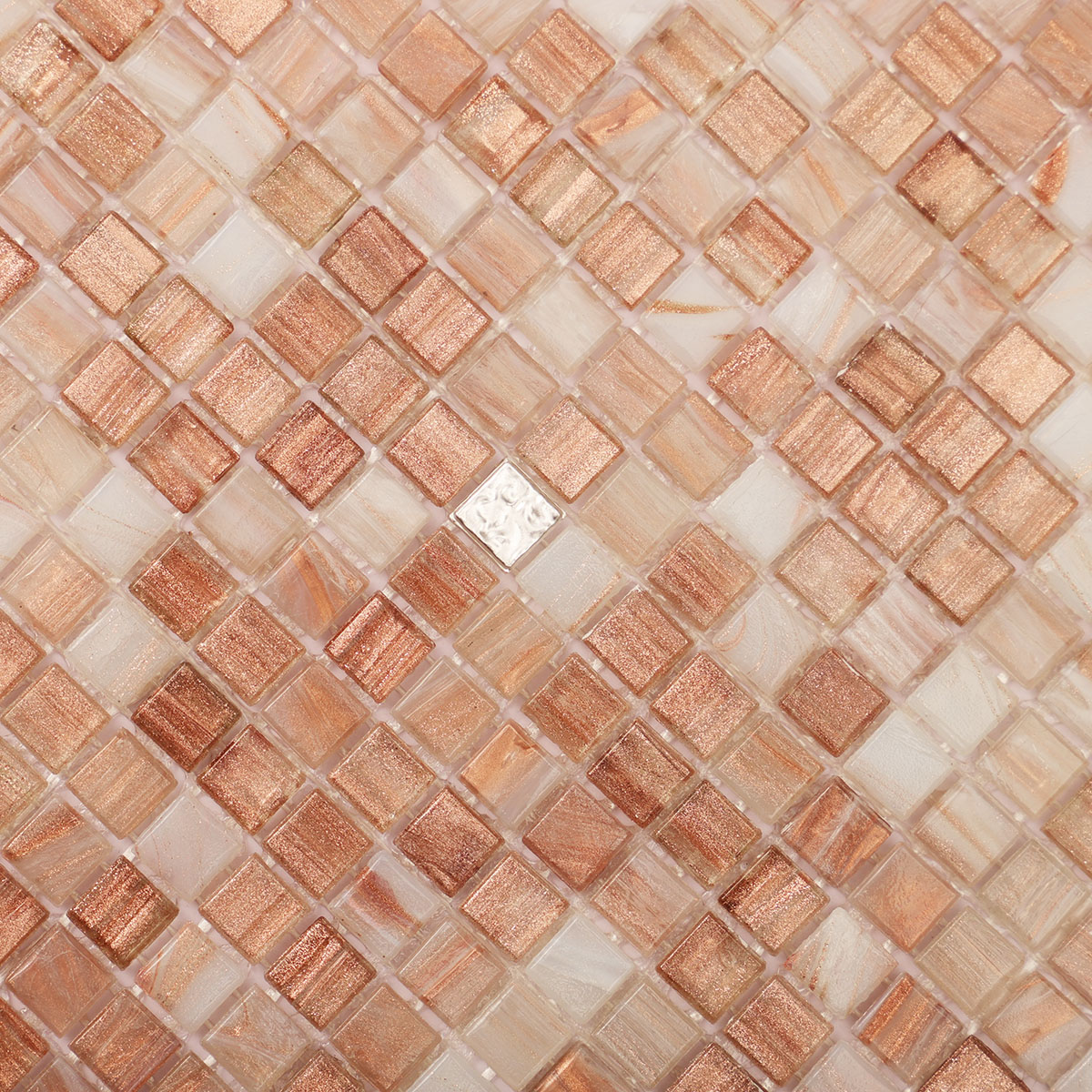 Detailed close-up of mini square glass mosaic tile with 24K platinum.