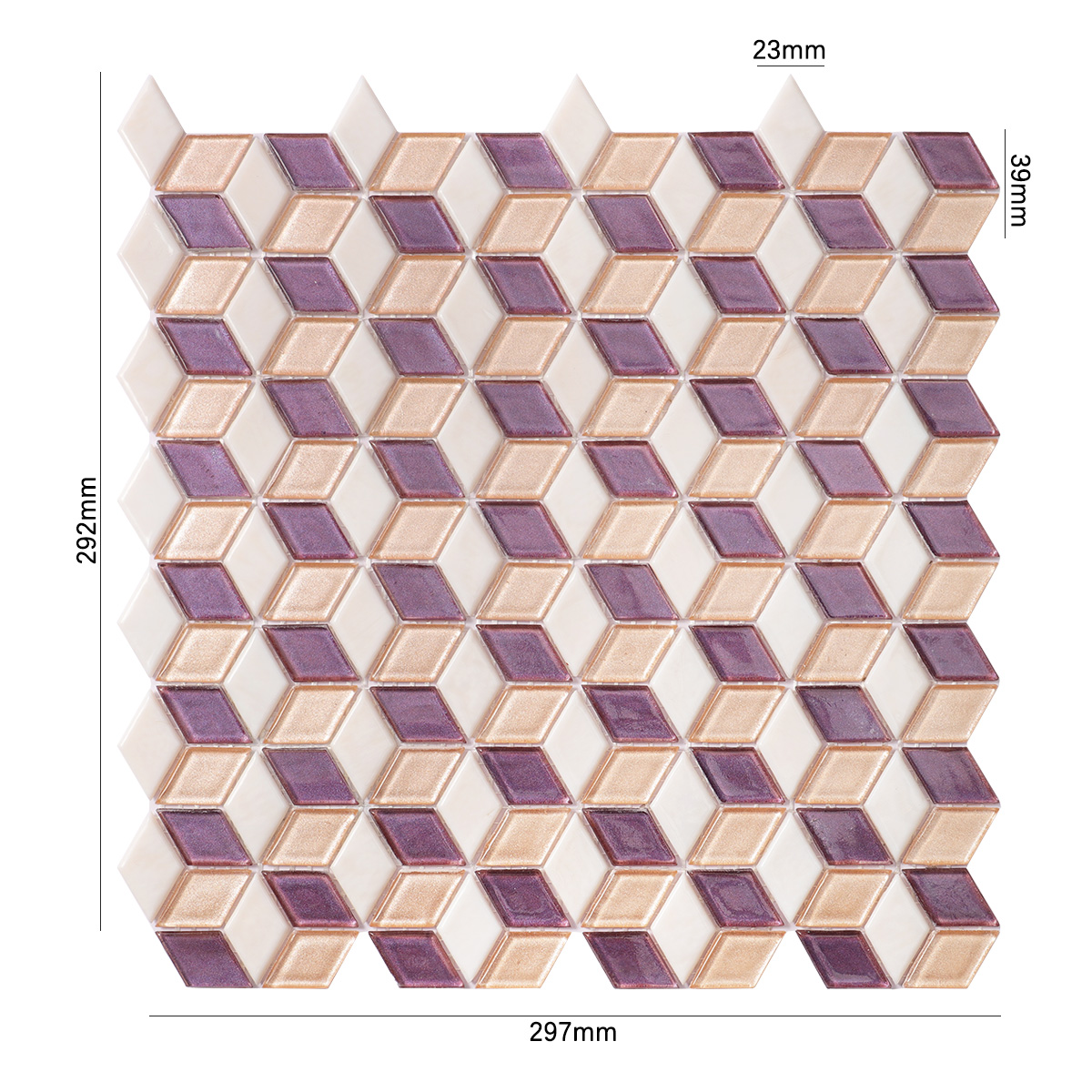 Sheet of pink and purple diamond-shaped glass mosaic tiles, front side with size details.