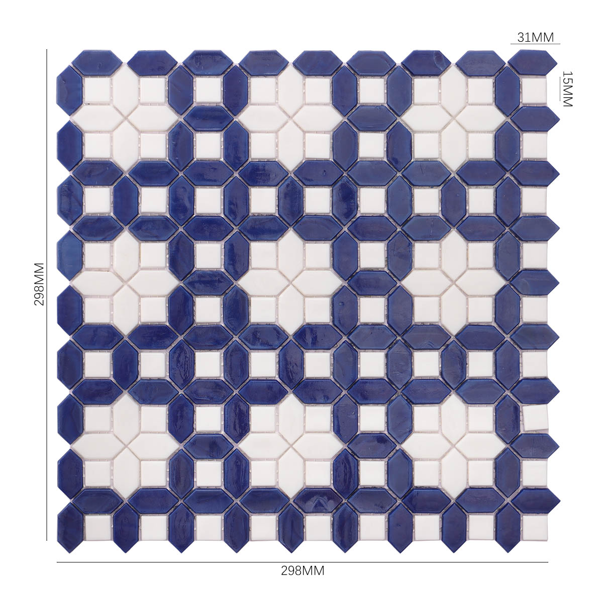 Blue and White Glass Mosaic Tiles - Picket and Square Design