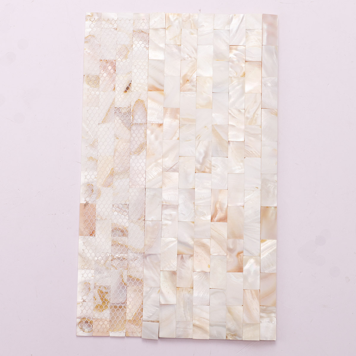 Back side of mother of pearl subway tiles with fold
