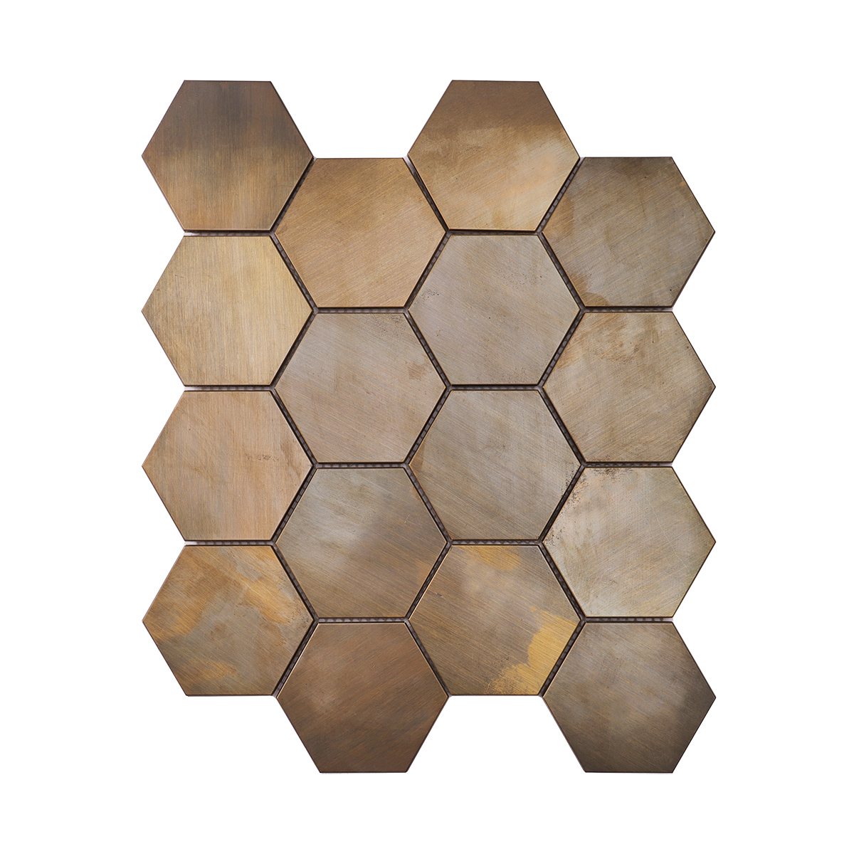 Front side of copper hexagon mosaic wall tile