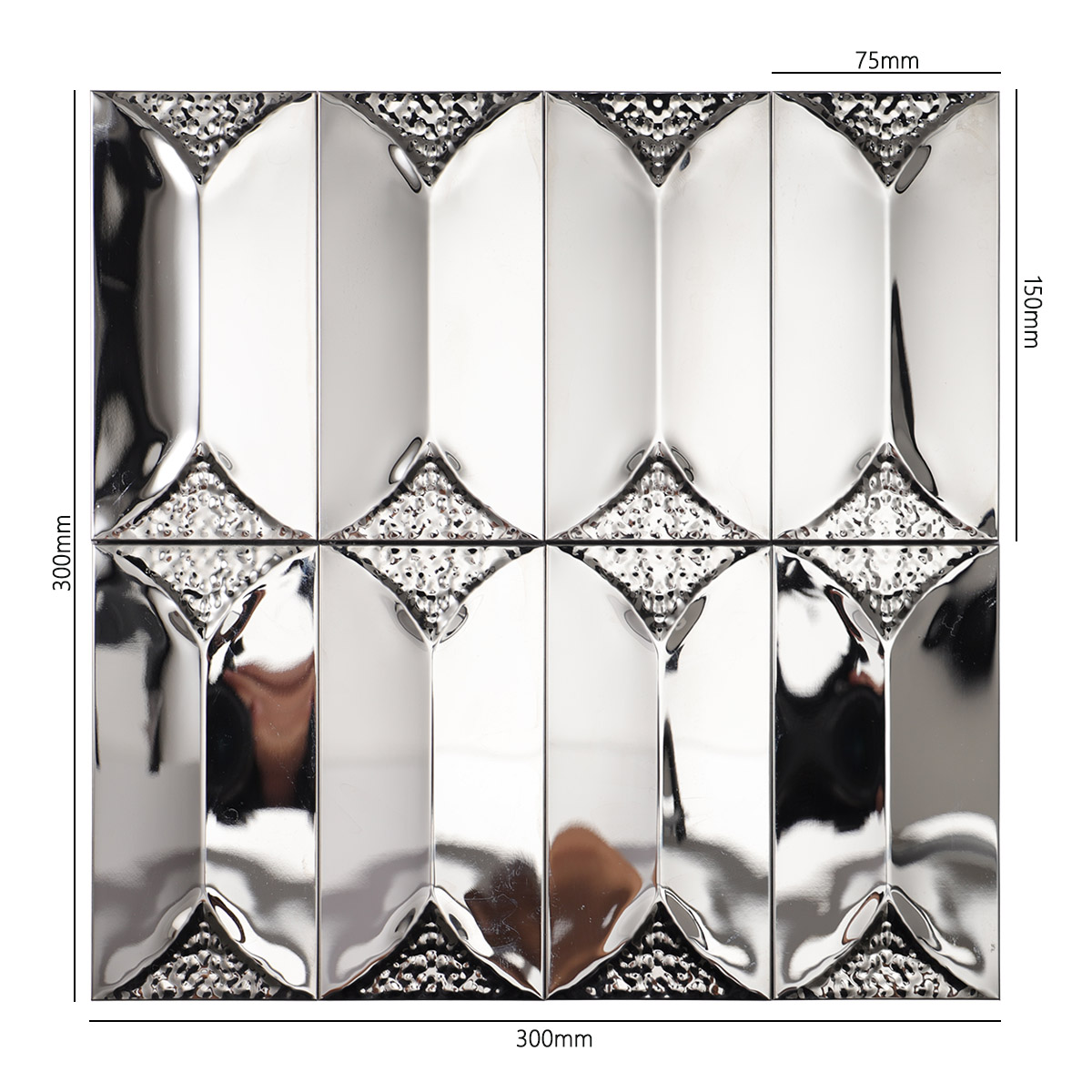 Front of 3D glossy silver rectangle metal mosaic tiles, size detailed