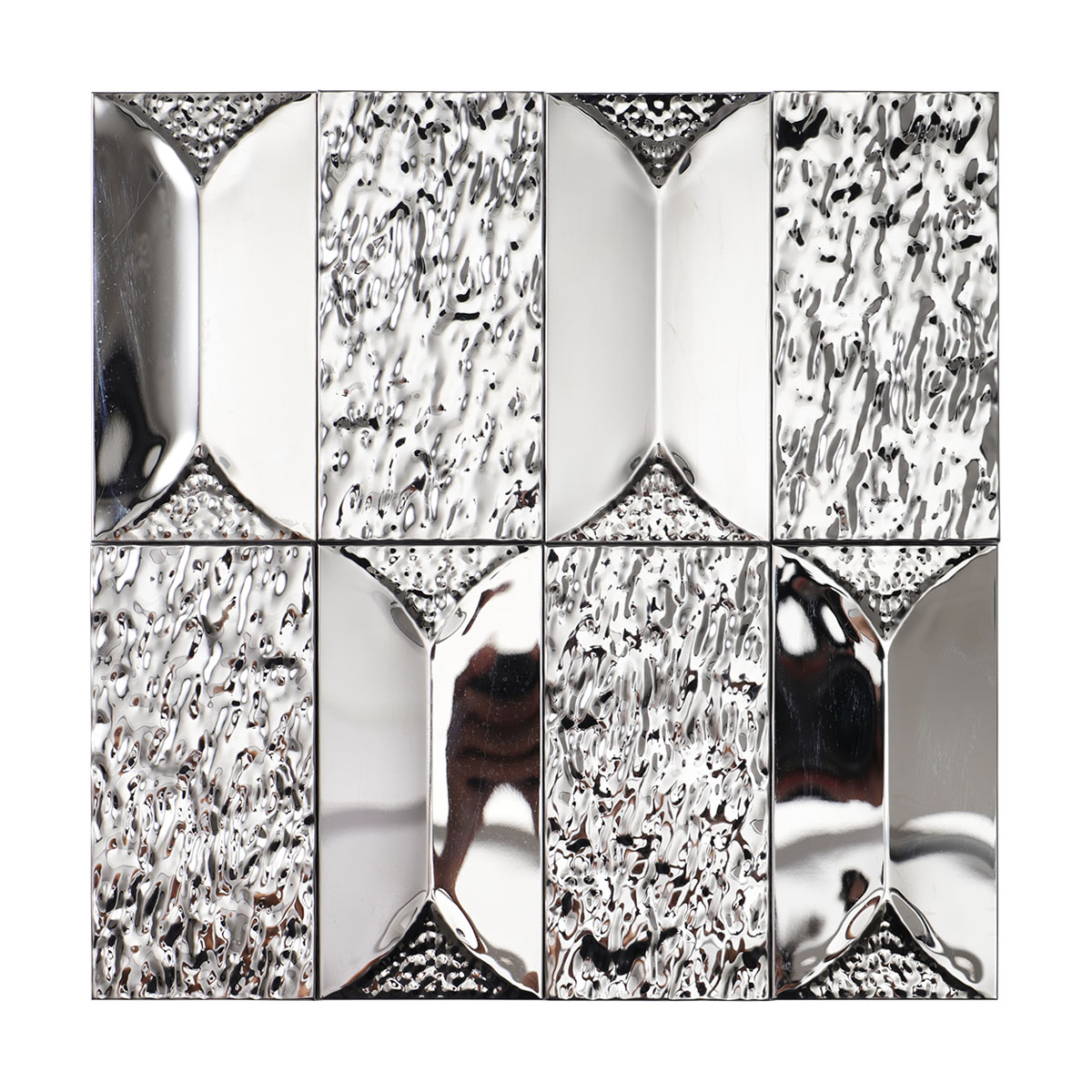 Front side of 3D stainless silver rectangle mosaic tiles
