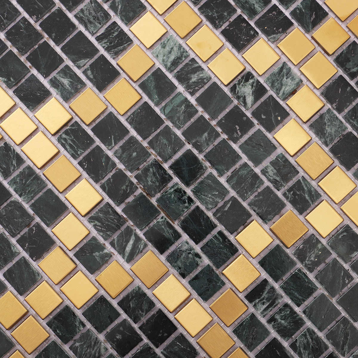 Close-up of the middle section of green marble and metal pixel art mosaic tiles