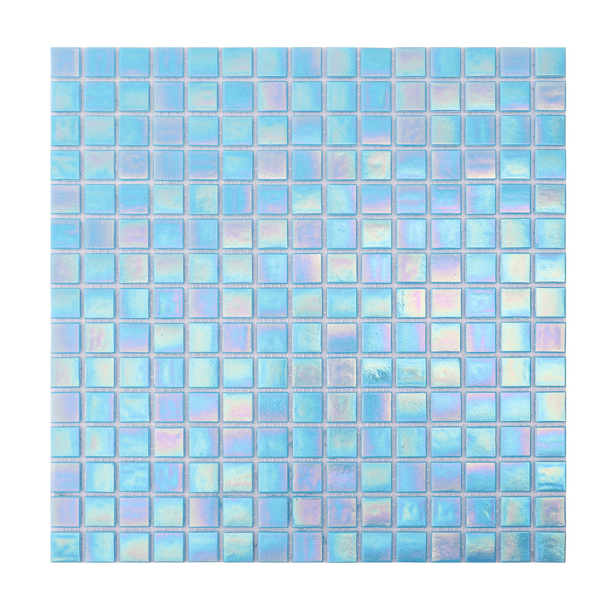 Front side of iridescent sky blue square glass mosaic tiles