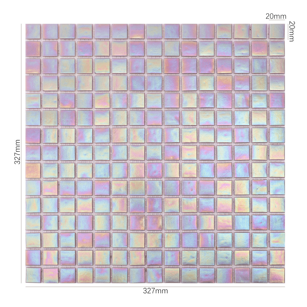 Front side of purple iridescent square glass mosaic tiles, with size details