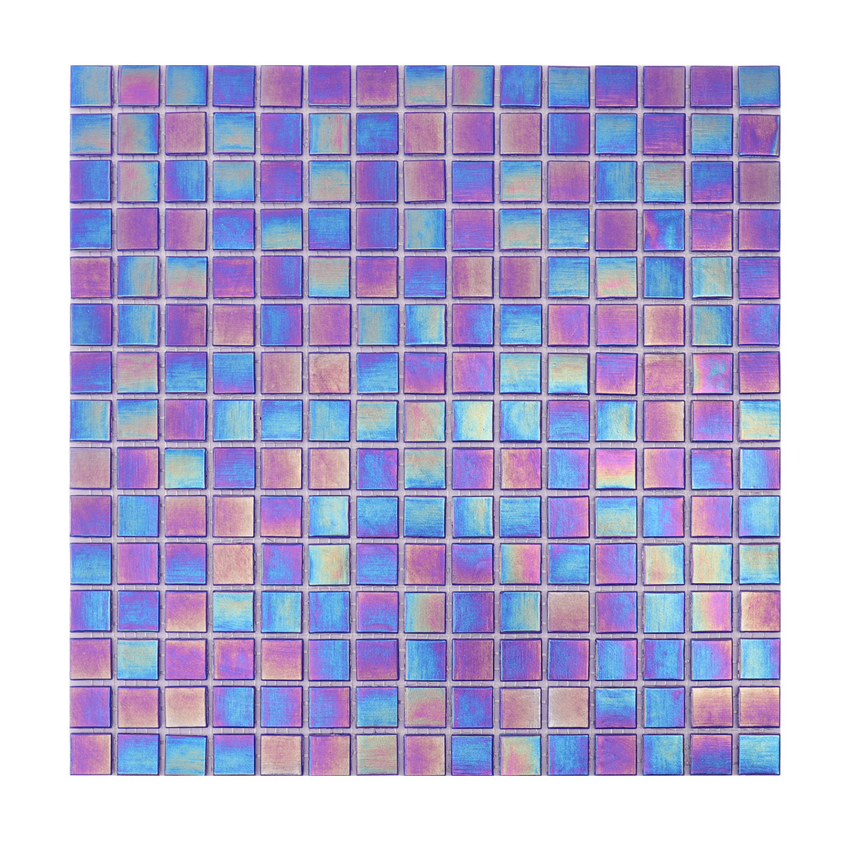 Front side of cobalt blue iridescent square glass mosaic tiles