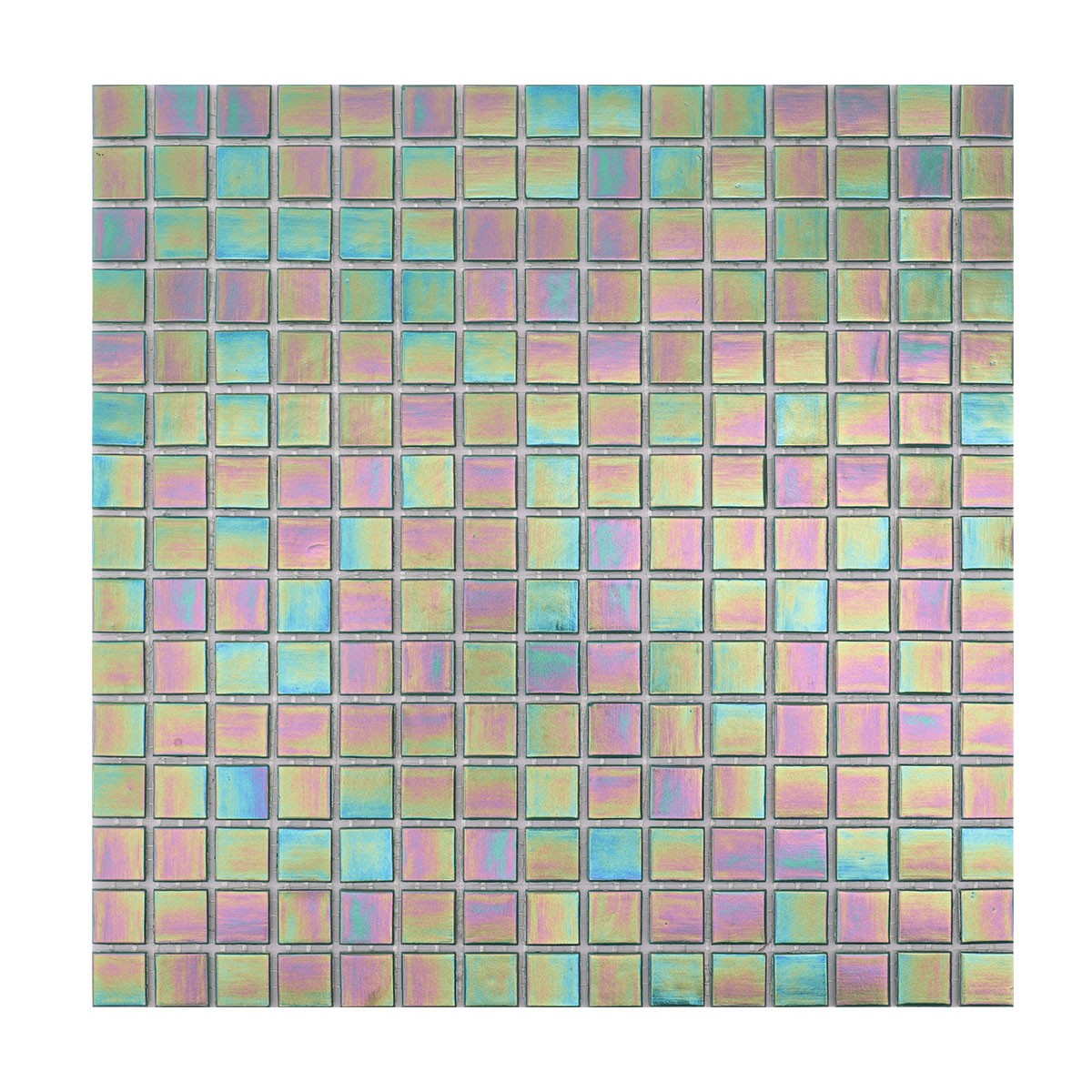 Obverse side of glossy iridescent emerald green square mosaic tiles