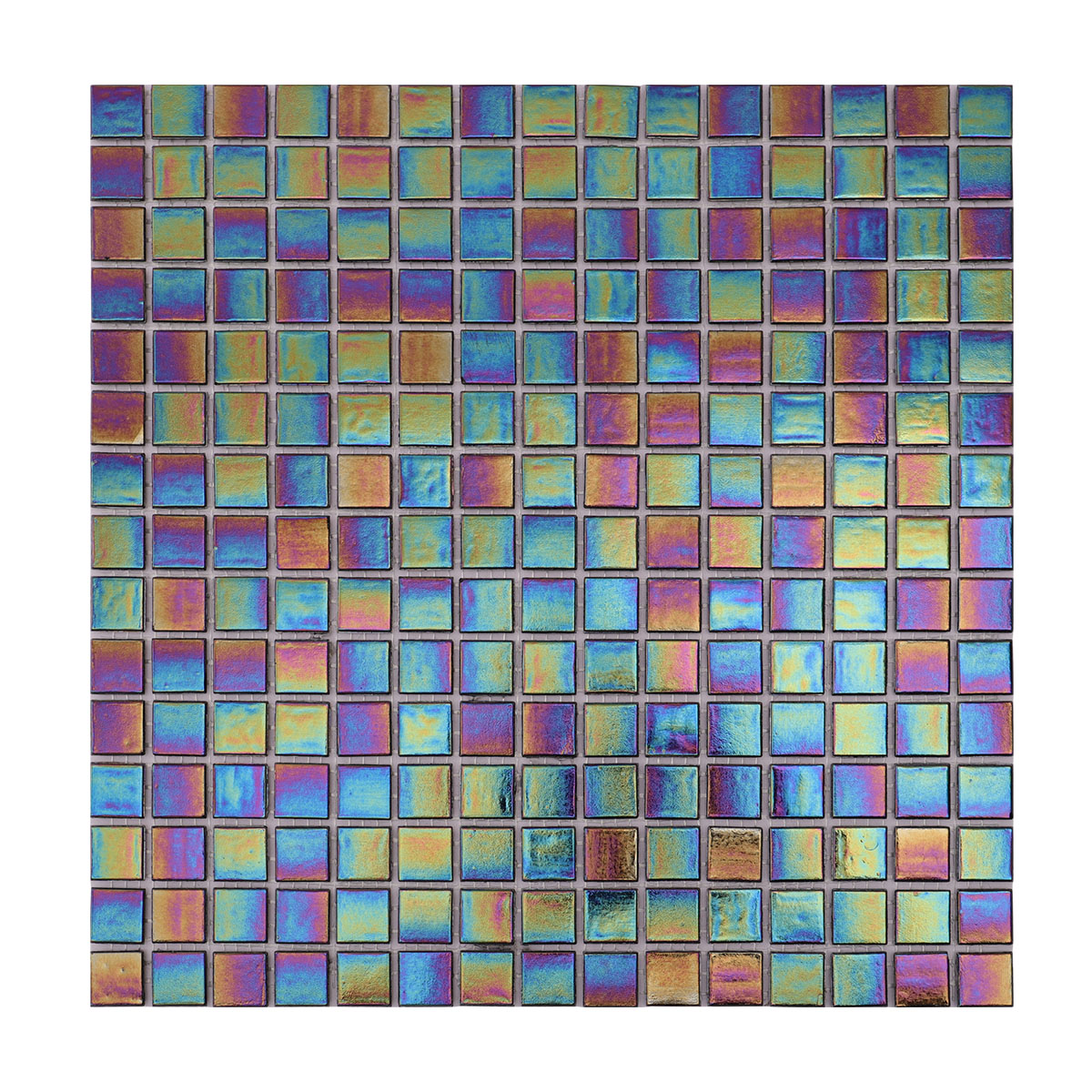 Detailed view of multicolor iridescent square glass mosaic tiles obverse