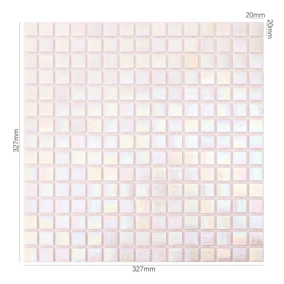 Obverse side of pearly iridescent pink square glass mosaic, showing size