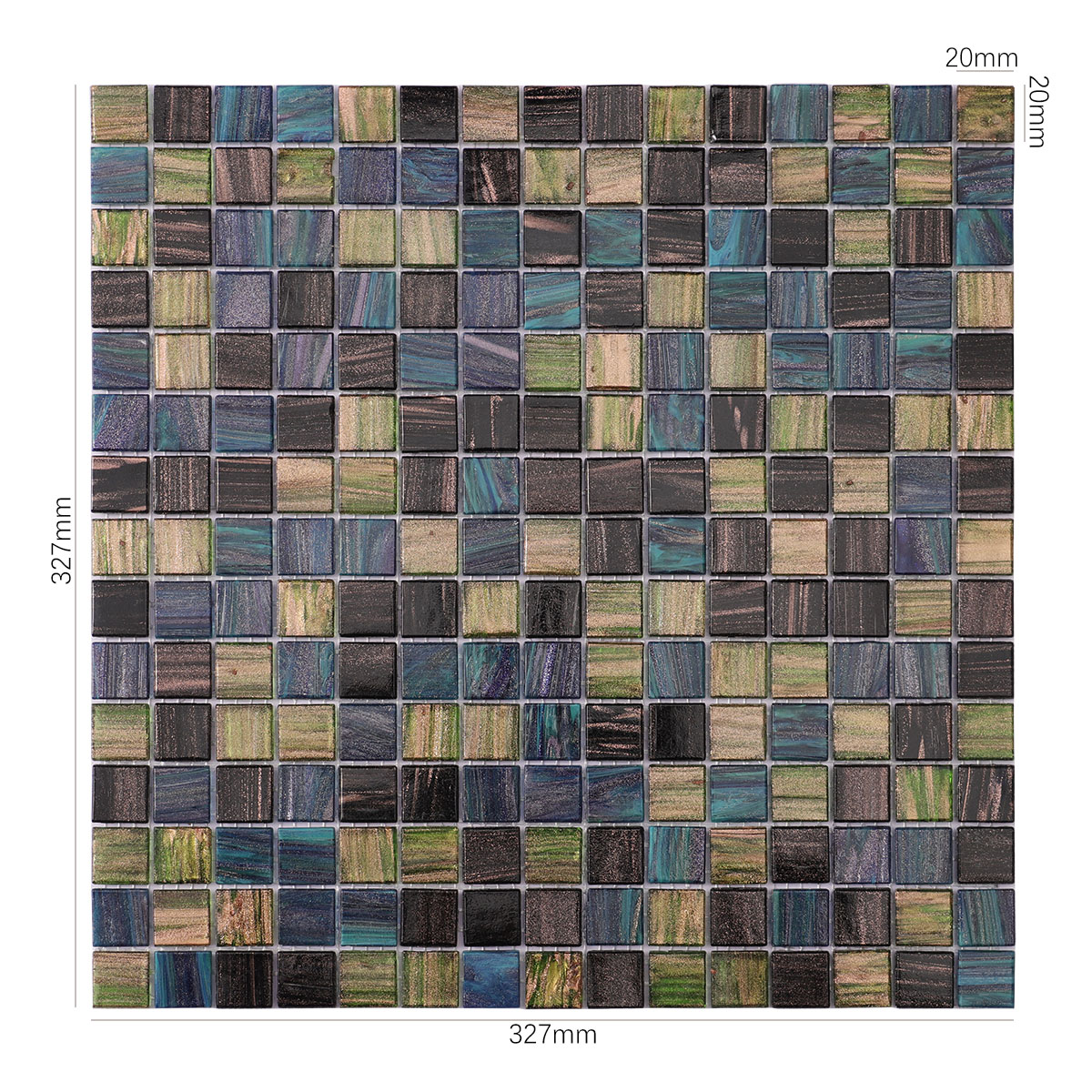 Obverse side of olive green and black mix square glass mosaic tiles, showing size