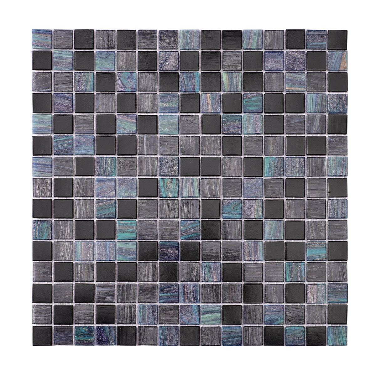 Obverse side of green and black joint square glass mosaic tiles