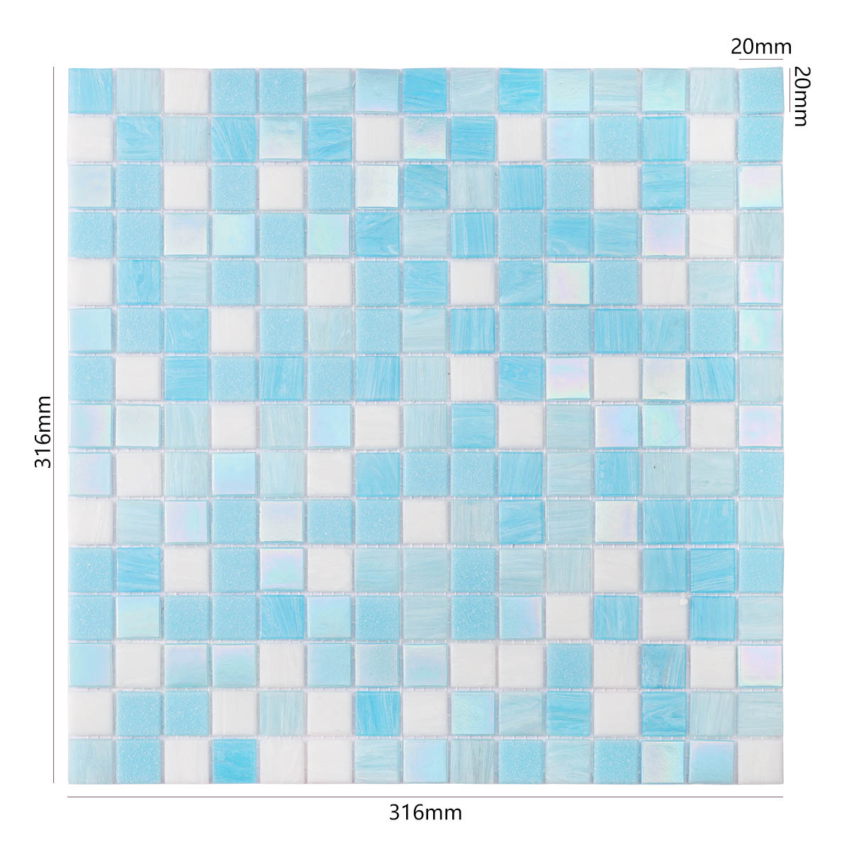 Obverse side of glossy aqua blue glass mosaic tiles with size