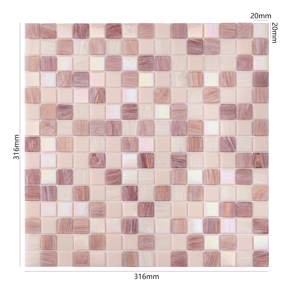 Obverse side of purple and pale pink uniform square glass mosaic tiles, showing size