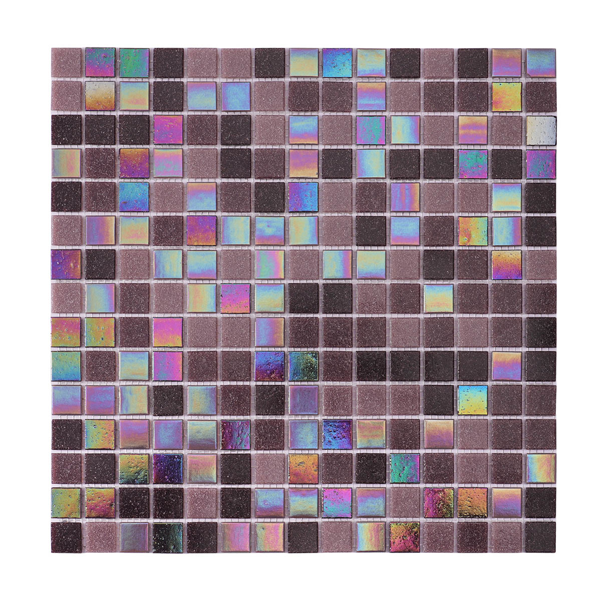 Obverse side of purple uniform square glass mosaic tiles