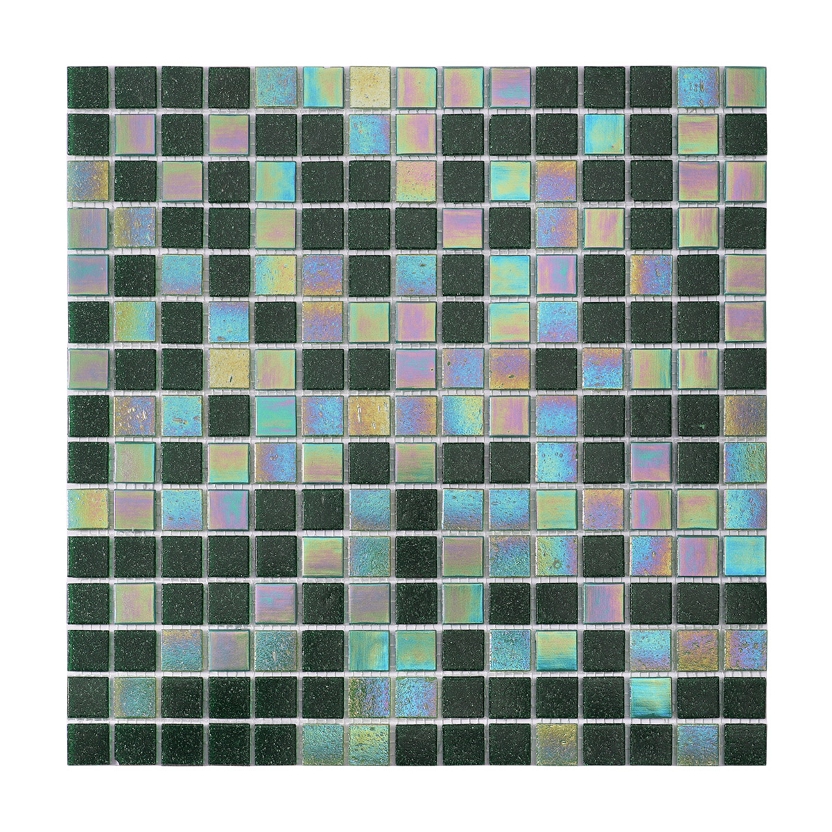 Obverse side of iridescent green square glass mosaic tiles