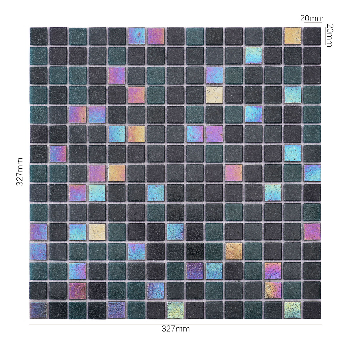 Obverse side of black mix bottle green glass mosaic tile, showing size