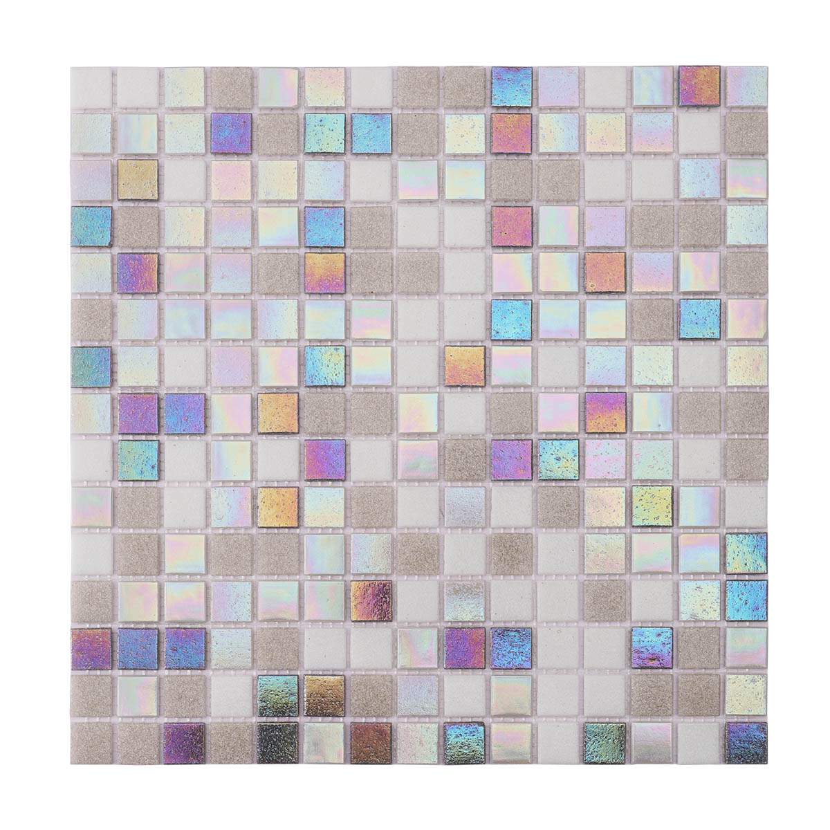 Obverse side of multicolor square glass mosaic tiles