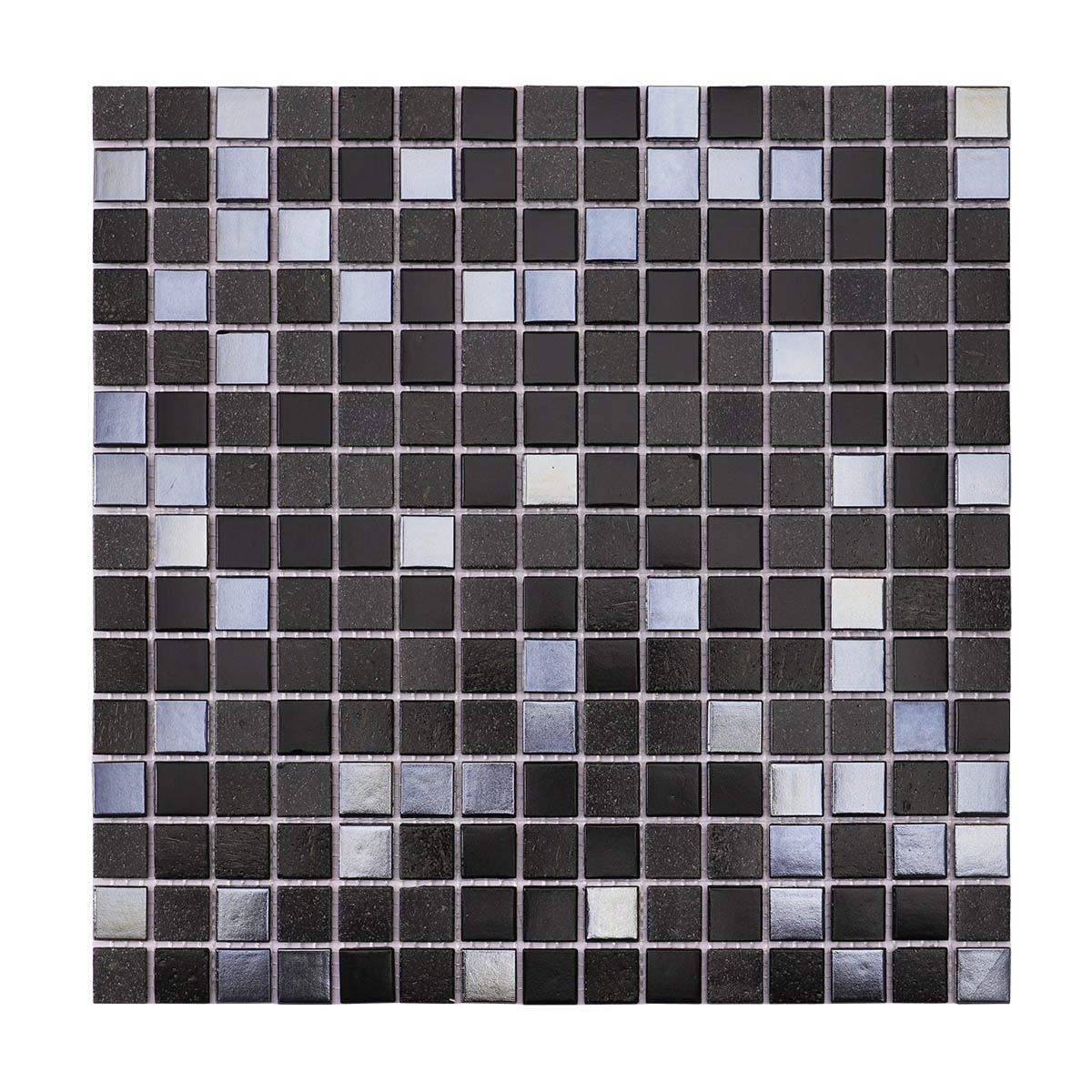 Obverse side of black square glass mosaic tiles