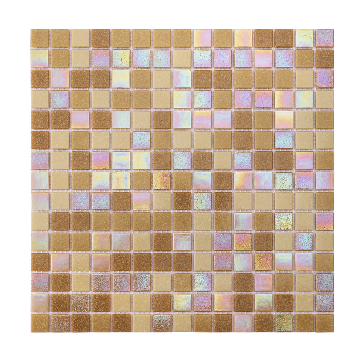 Detailed view of obverse side of mixed yellow square glass mosaic tiles